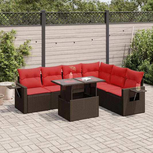 7 Piece Garden Sofa Set with Cushions Grey Poly Rattan Acacia