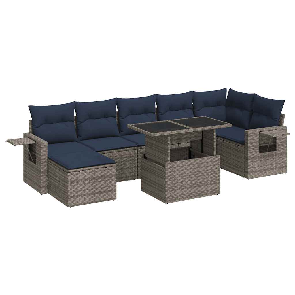 8 Piece Garden Sofa Set with Cushions Grey Poly Rattan Acacia