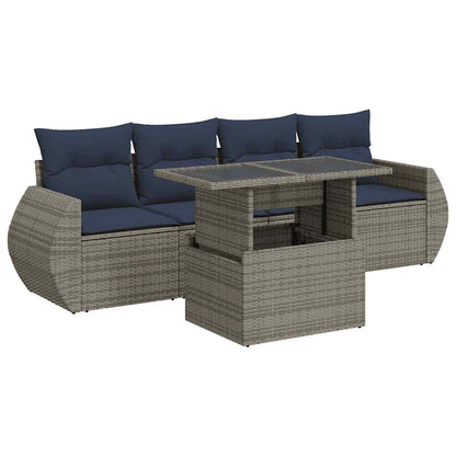 5 Piece Garden Sofa Set with Cushions Grey Poly Rattan Acacia