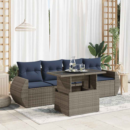 5 Piece Garden Sofa Set with Cushions Grey Poly Rattan Acacia