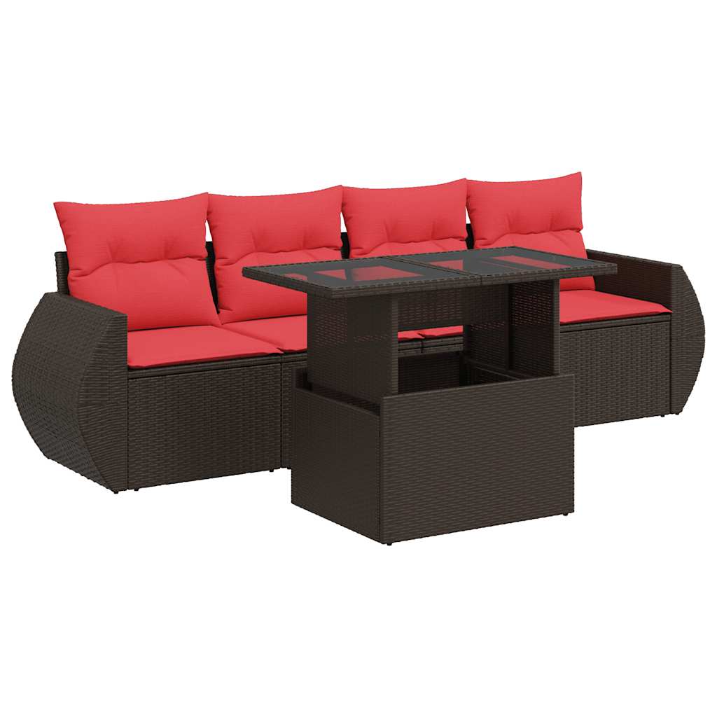 5 Piece Garden Sofa Set with Cushions Brown Poly Rattan Acacia