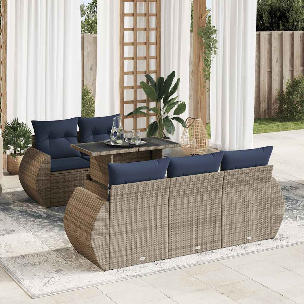 6 Piece Garden Sofa Set with Cushions Grey Poly Rattan Acacia