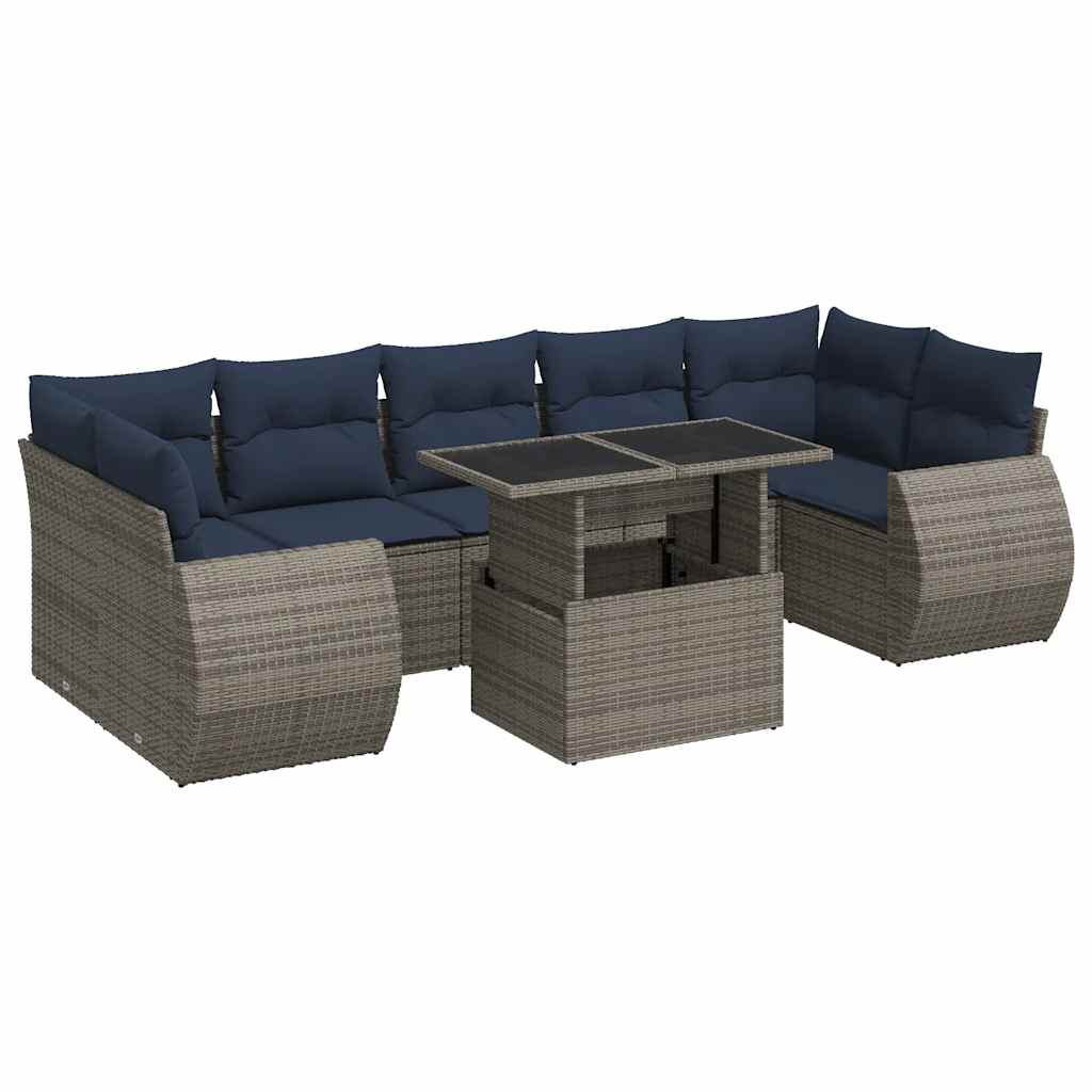 8 Piece Garden Sofa Set with Cushions Grey Poly Rattan Acacia