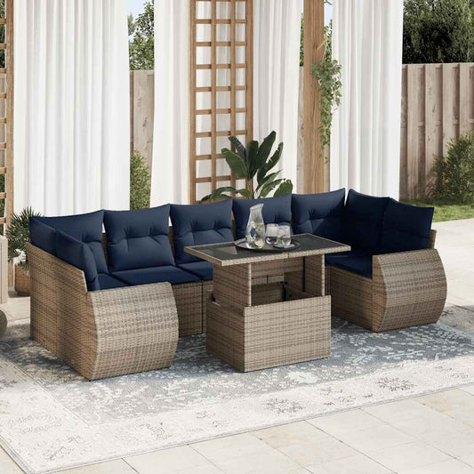 8 Piece Garden Sofa Set with Cushions Grey Poly Rattan Acacia