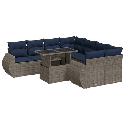 9 Piece Garden Sofa Set with Cushions Grey Poly Rattan Acacia