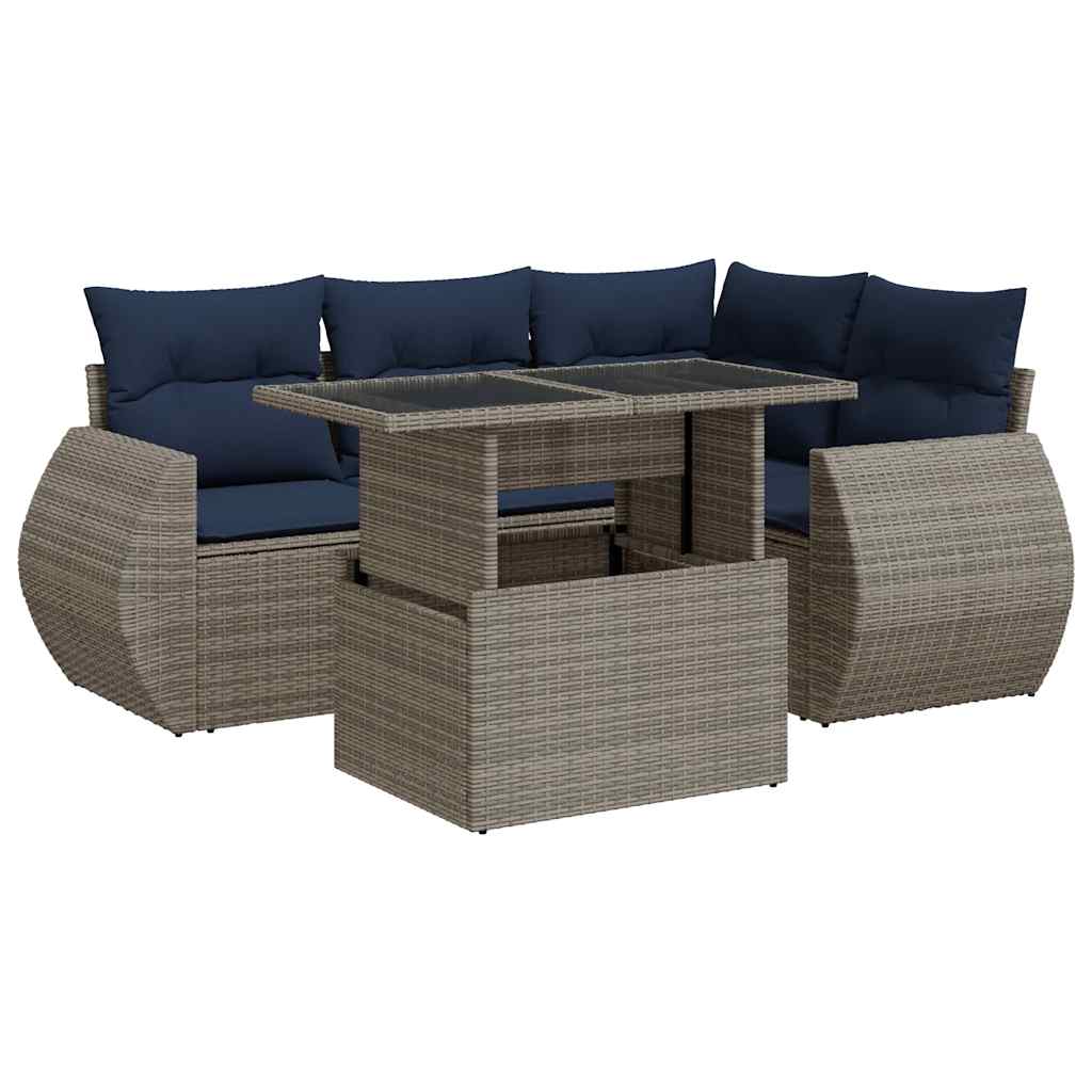 5 Piece Garden Sofa Set with Cushions Grey Poly Rattan Acacia