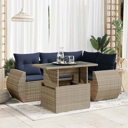 5 Piece Garden Sofa Set with Cushions Grey Poly Rattan Acacia