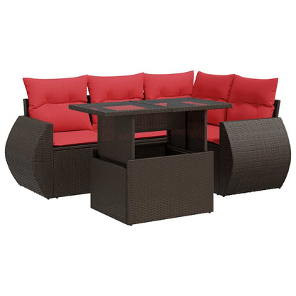 5 Piece Garden Sofa Set with Cushions Brown Poly Rattan Acacia