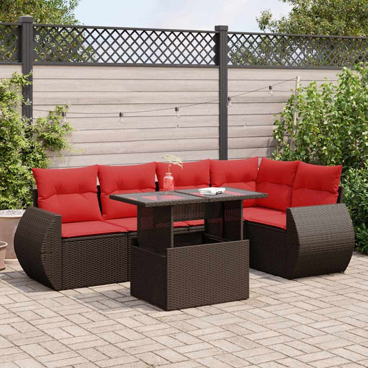 6 Piece Garden Sofa Set with Cushions Brown Poly Rattan Acacia
