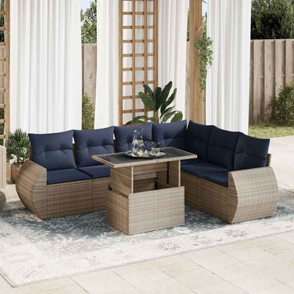 7 Piece Garden Sofa Set with Cushions Grey Poly Rattan Acacia
