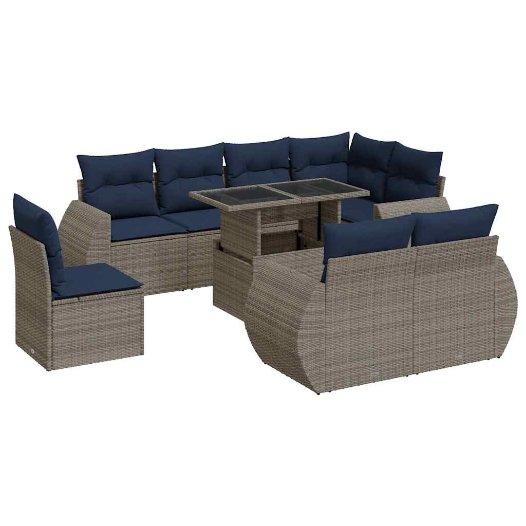 9 Piece Garden Sofa Set with Cushions Grey Poly Rattan Acacia
