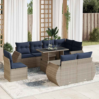 9 Piece Garden Sofa Set with Cushions Grey Poly Rattan Acacia