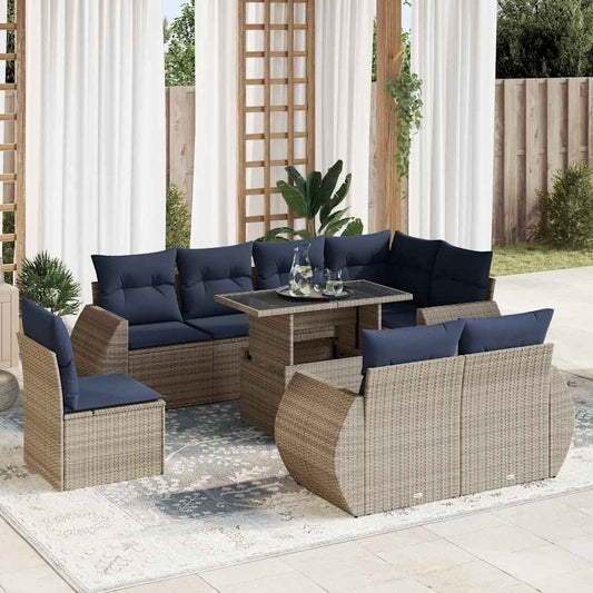 9 Piece Garden Sofa Set with Cushions Grey Poly Rattan Acacia