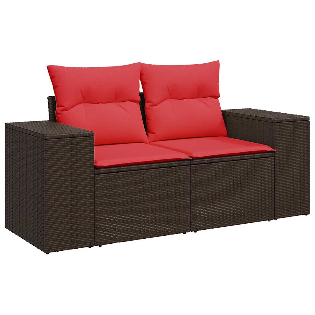 5 Piece Garden Sofa Set with Cushions Brown Poly Rattan Acacia