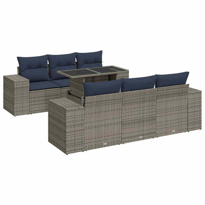 7 Piece Garden Sofa Set with Cushions Grey Poly Rattan Acacia