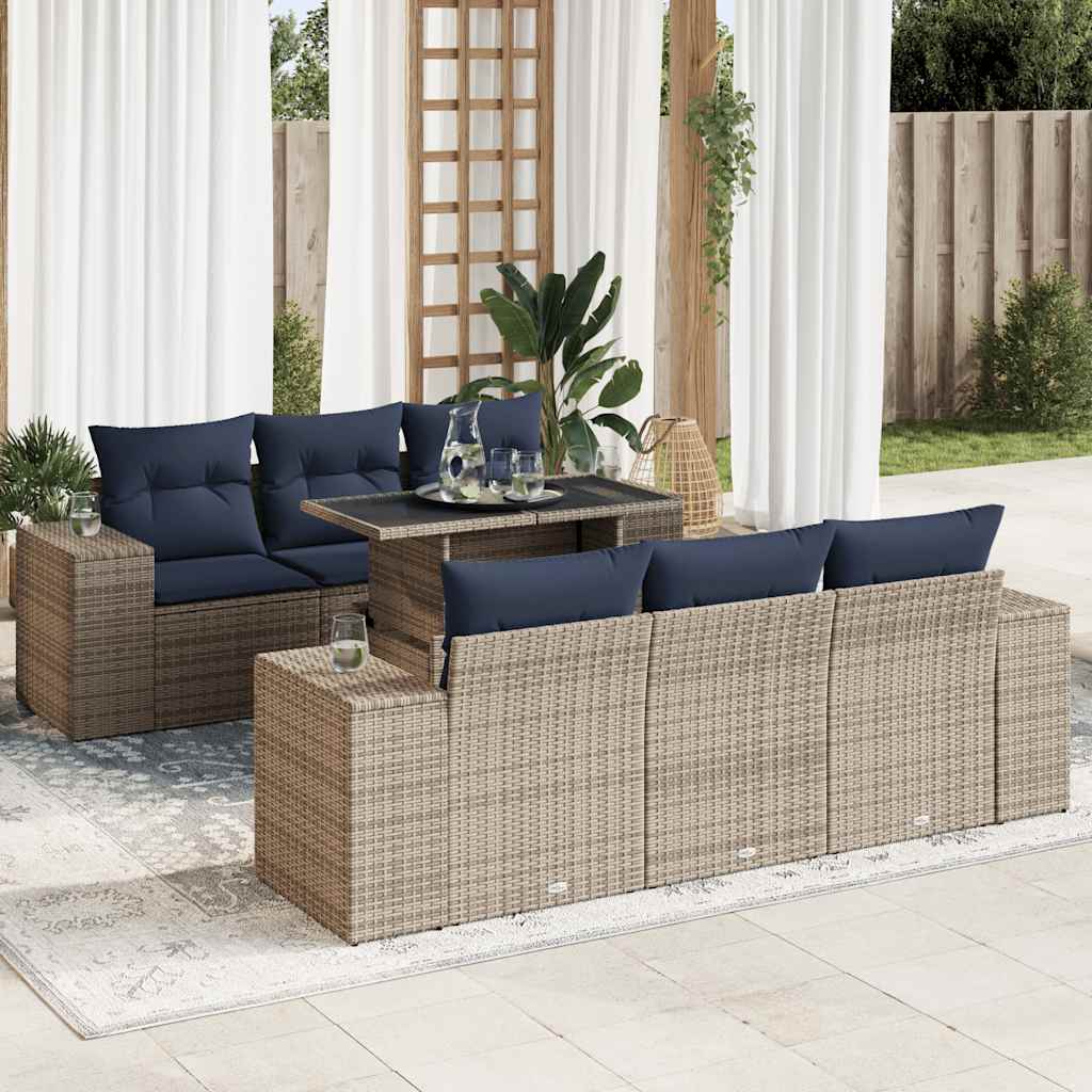 7 Piece Garden Sofa Set with Cushions Grey Poly Rattan Acacia