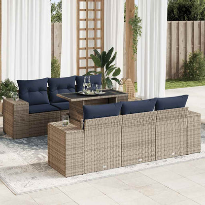 7 Piece Garden Sofa Set with Cushions Grey Poly Rattan Acacia