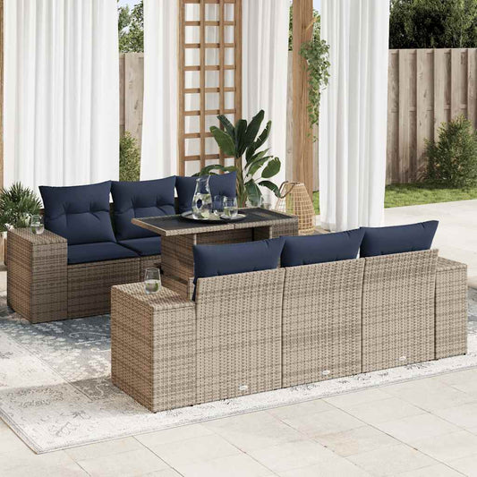 7 Piece Garden Sofa Set with Cushions Grey Poly Rattan Acacia