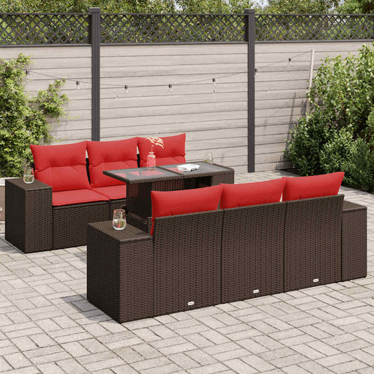 7 Piece Garden Sofa Set with Cushions Brown Poly Rattan Acacia