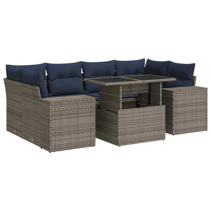 7 Piece Garden Sofa Set with Cushions Grey Poly Rattan Acacia