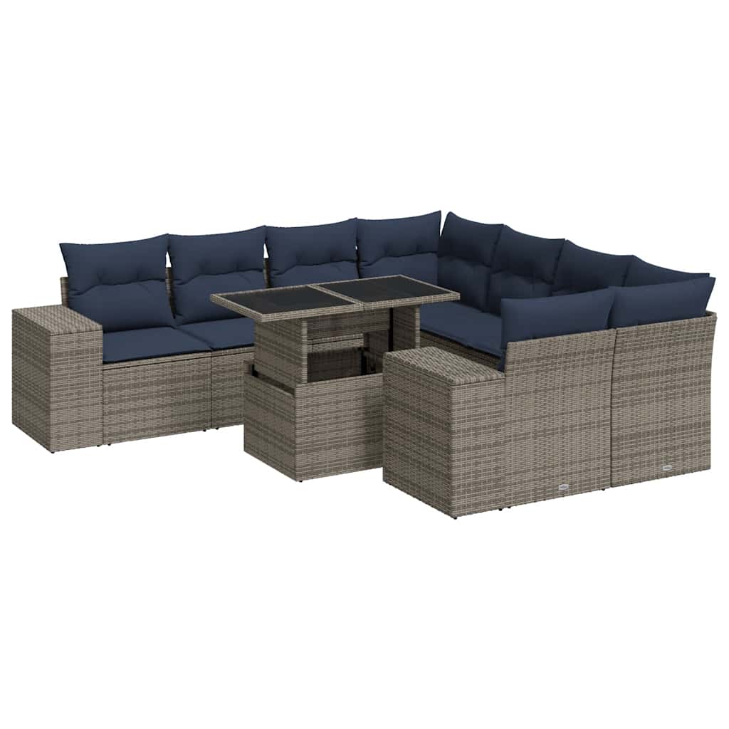9 Piece Garden Sofa Set with Cushions Grey Poly Rattan Acacia