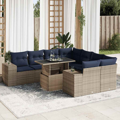 9 Piece Garden Sofa Set with Cushions Grey Poly Rattan Acacia