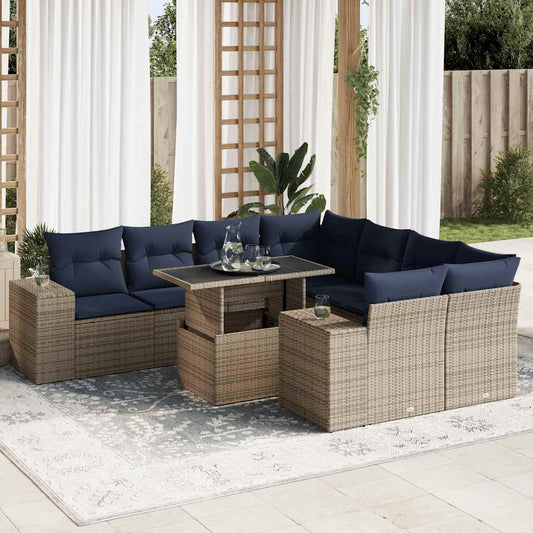 9 Piece Garden Sofa Set with Cushions Grey Poly Rattan Acacia
