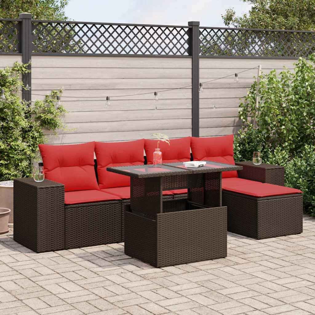 6 Piece Garden Sofa Set with Cushions Brown Poly Rattan Acacia
