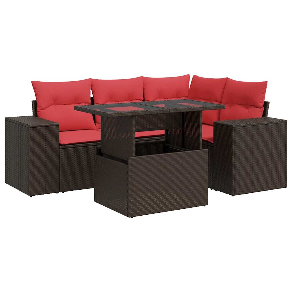 5 Piece Garden Sofa Set with Cushions Brown Poly Rattan Acacia