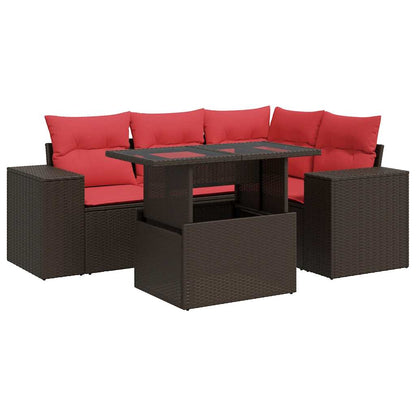 5 Piece Garden Sofa Set with Cushions Brown Poly Rattan Acacia