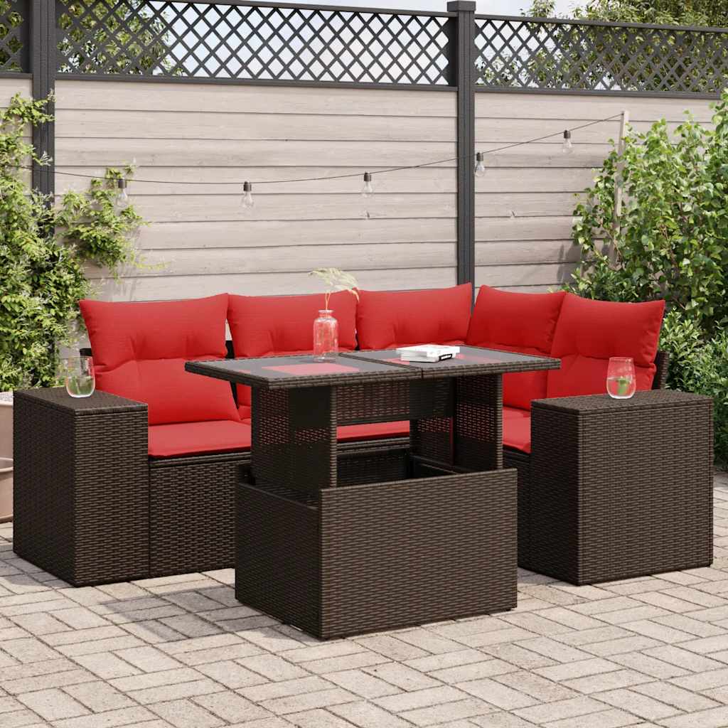 5 Piece Garden Sofa Set with Cushions Brown Poly Rattan Acacia