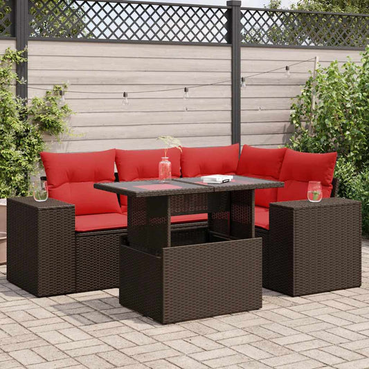 5 Piece Garden Sofa Set with Cushions Brown Poly Rattan Acacia