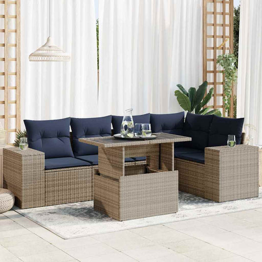 6 Piece Garden Sofa Set with Cushions Black Poly Rattan Acacia