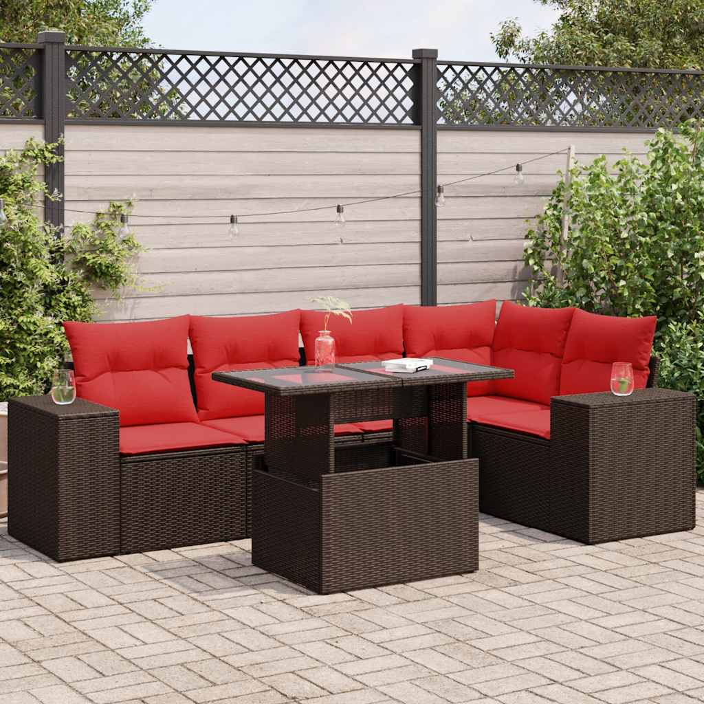 6 Piece Garden Sofa Set with Cushions Brown Poly Rattan Acacia