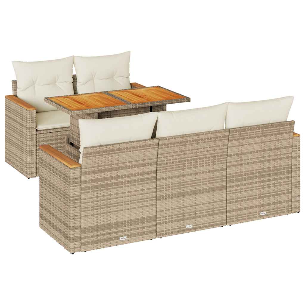 6-Piece Beige Poly Rattan Garden Sofa Set with Acacia & Cushions