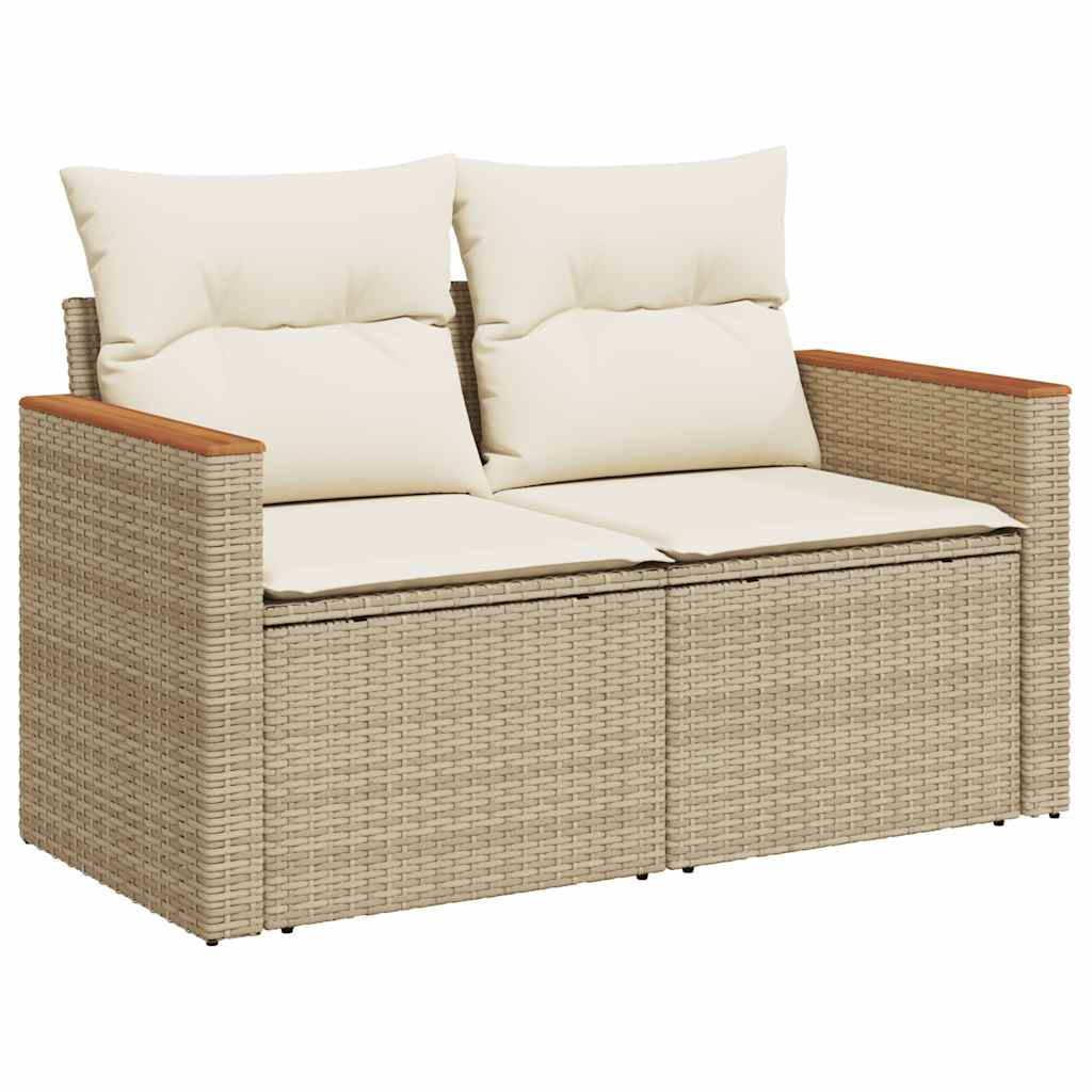 6-Piece Beige Poly Rattan Garden Sofa Set with Acacia & Cushions