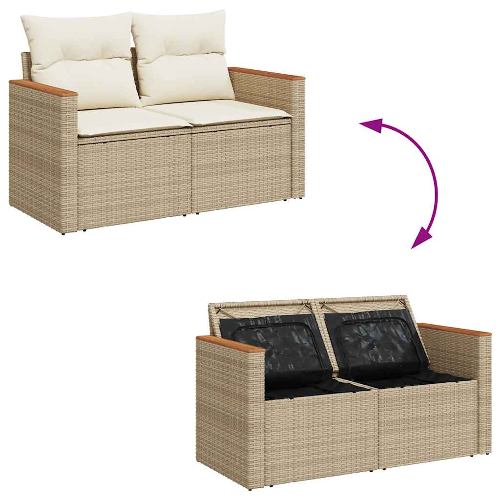6-Piece Beige Poly Rattan Garden Sofa Set with Acacia & Cushions