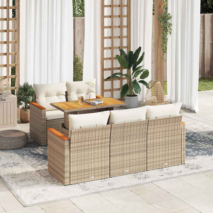 6-Piece Beige Poly Rattan Garden Sofa Set with Acacia & Cushions