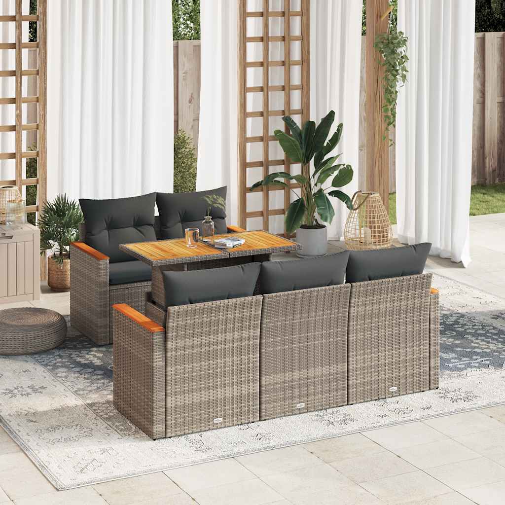 6-Piece Beige Poly Rattan Garden Sofa Set with Acacia & Cushions