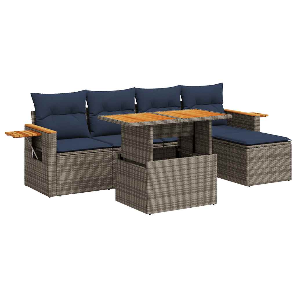 6 Piece Garden Sofa Set with Cushions Grey Poly Rattan Acacia