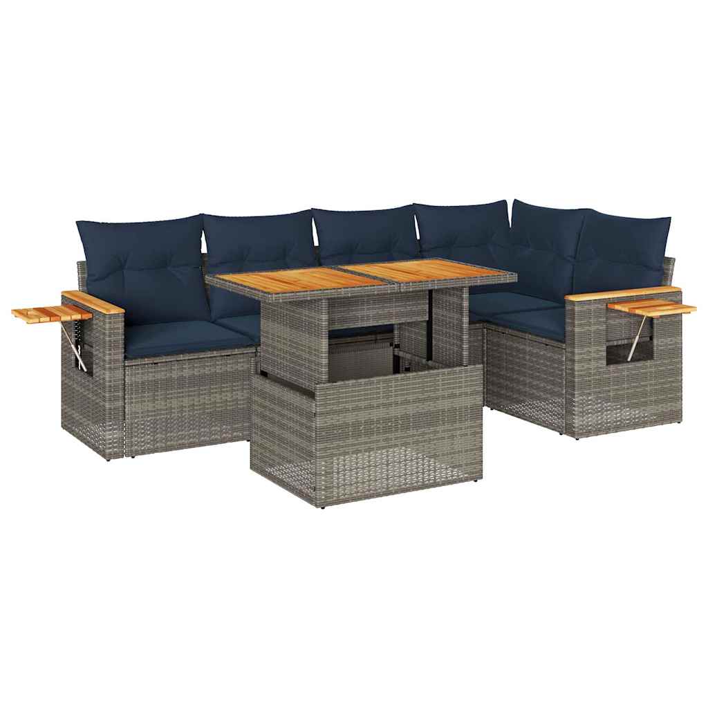 6 Piece Garden Sofa Set with Cushions Grey Poly Rattan Acacia