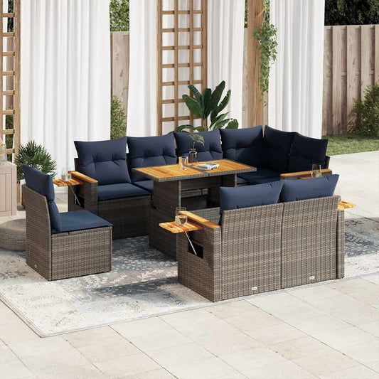 9 Piece Garden Sofa Set with Cushions Grey Poly Rattan Acacia