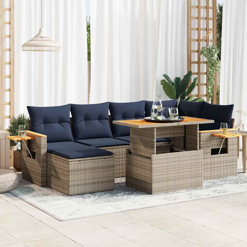 7 Piece Garden Sofa Set with Cushions Black Poly Rattan Acacia