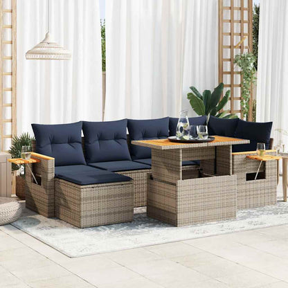 7 Piece Garden Sofa Set with Cushions Black Poly Rattan Acacia