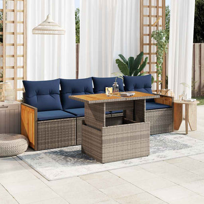 5 Piece Garden Sofa Set with Cushions Grey Poly Rattan Acacia