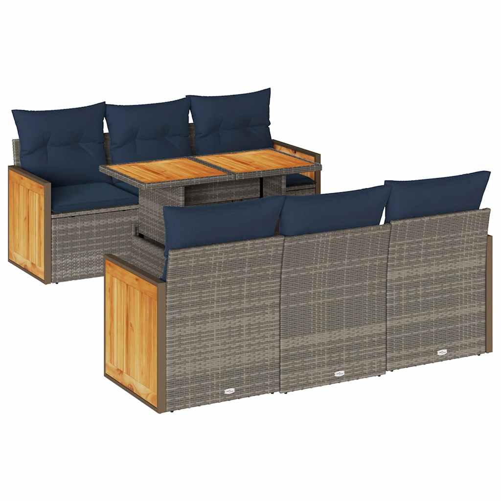 7 Piece Garden Sofa Set with Cushions Grey Poly Rattan Acacia