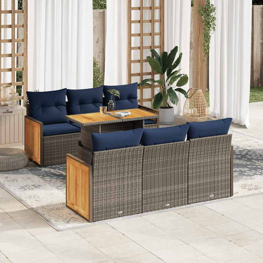 7 Piece Garden Sofa Set with Cushions Grey Poly Rattan Acacia