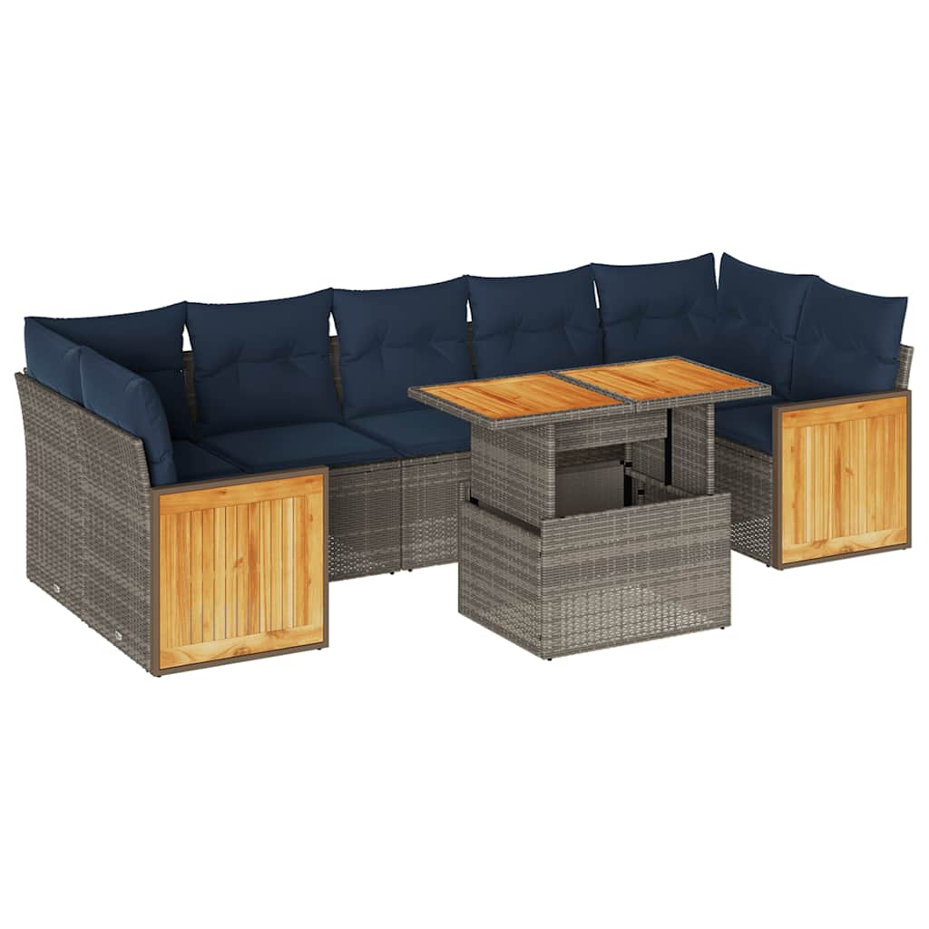8 Piece Garden Sofa Set with Cushions Grey Poly Rattan Acacia