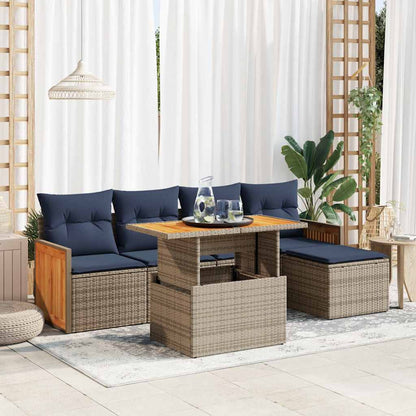 6 Piece Garden Sofa Set with Cushions Grey Poly Rattan Acacia