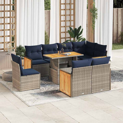 9 Piece Garden Sofa Set with Cushions Grey Poly Rattan Acacia